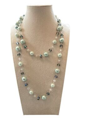 Long Layered Minty Faux Pearl and Crystal Necklace